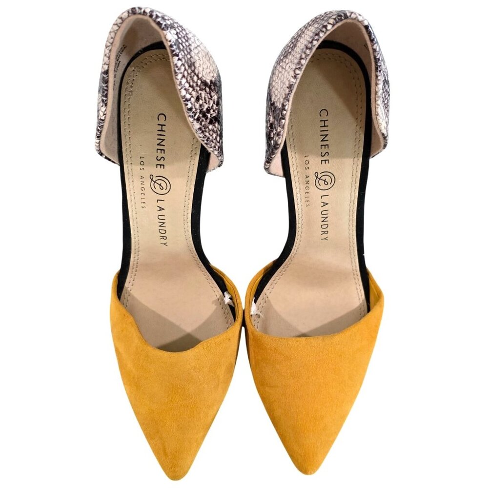Chinese Laundry Womens 8M Pointed Toe DOrsay Heels Snakeskin & Mustard Yellow - Picture 2 of 8